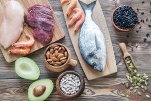 Raw chicken, beef, shrimp, a whole fish, almonds, beans, pumpkin seeds, and avocado on a wooden table